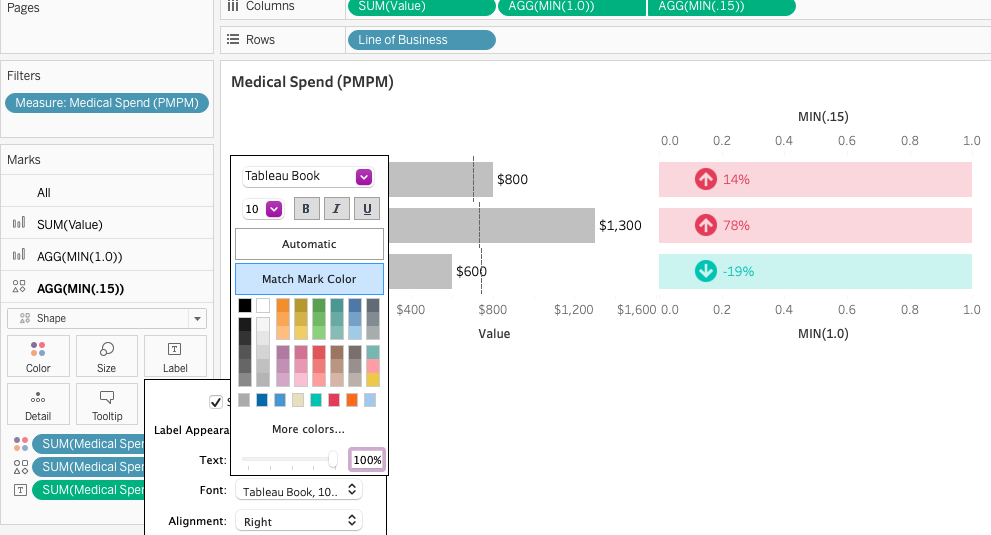 Screenshot of tutorial in Tableau desktop on how to create colored indicator bars.