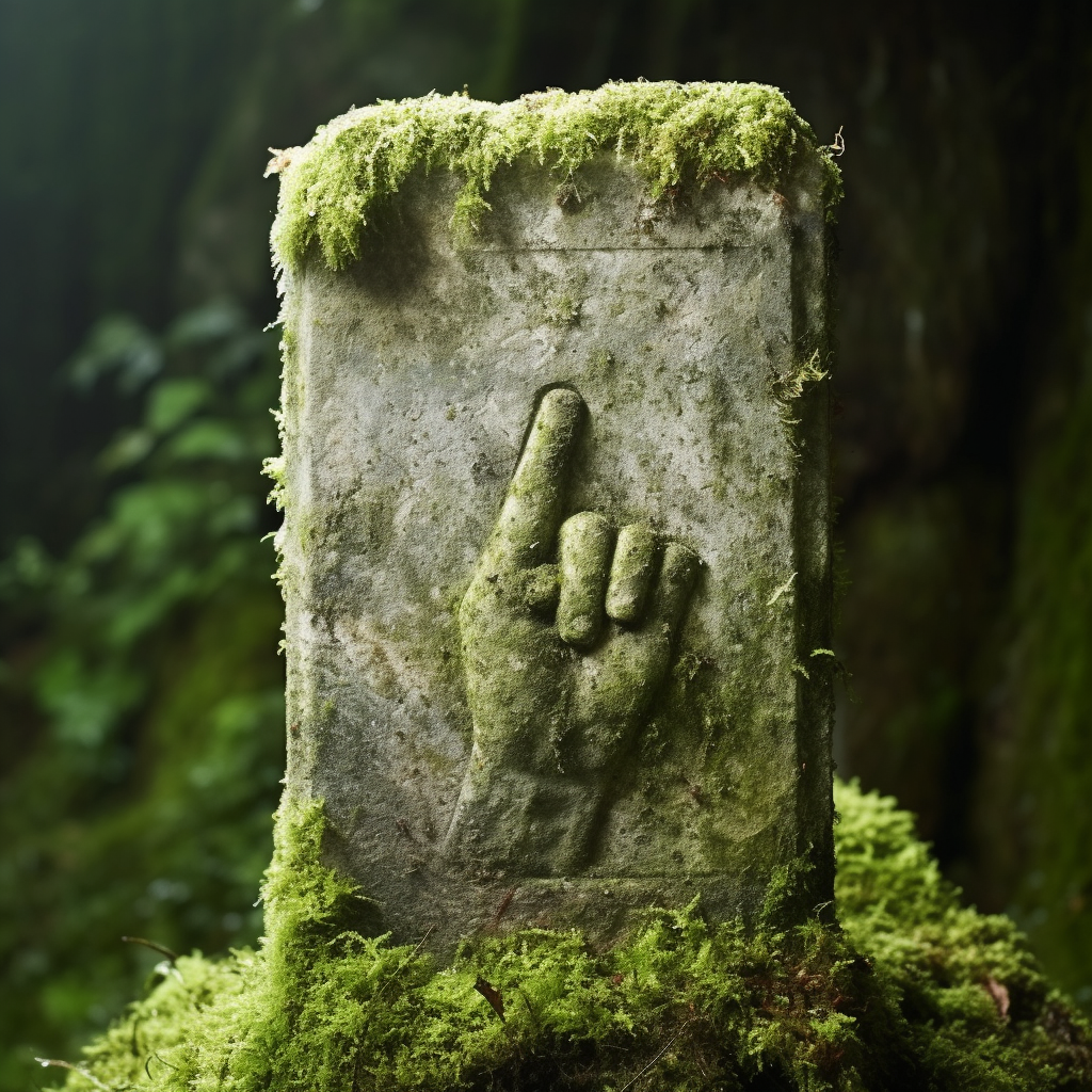 AI generated image of a moss-covered gravestone with a hand pointing upward