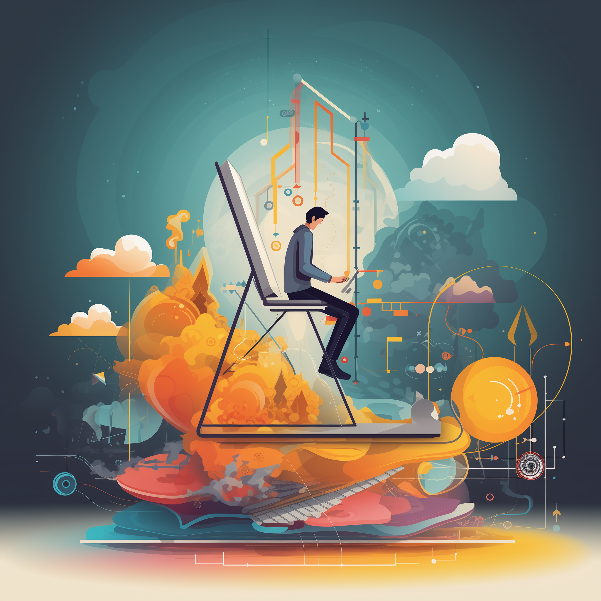 AI generated image of a man working creatively on a large chair on top of a lot of objects.