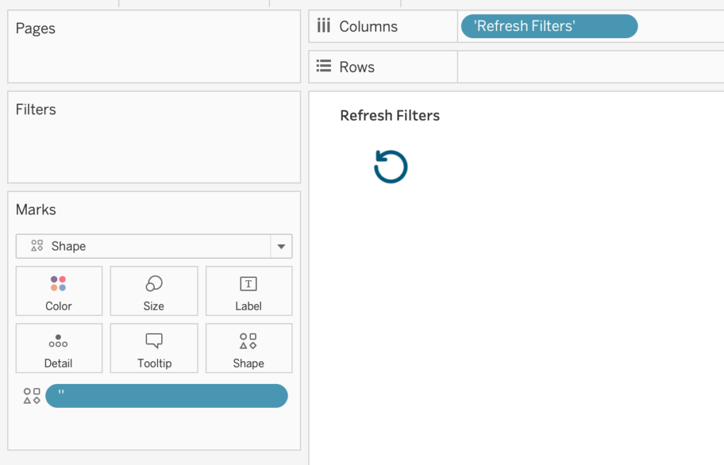 Image of a Tableau worksheet displaying a reset button using a custom shape.