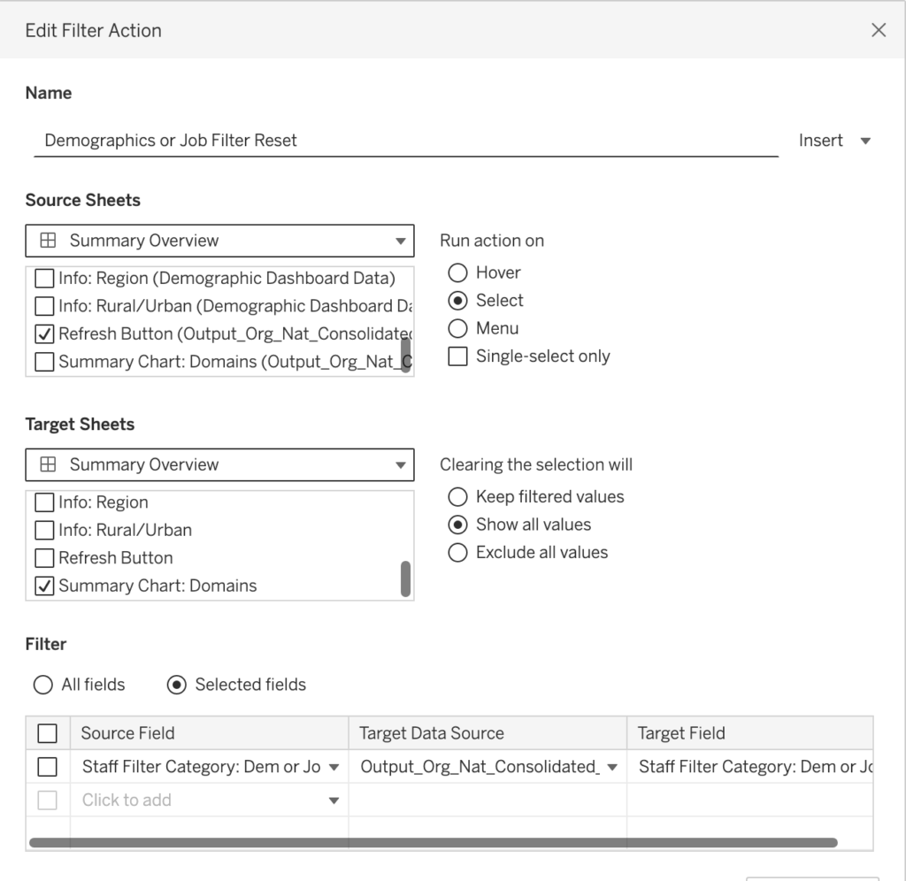 Image of which selections to make when editing a filter action in Tableau