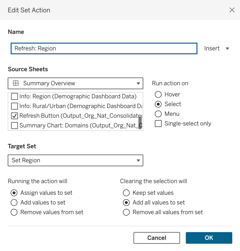 Image of which selections to make when editing a set action in Tableau